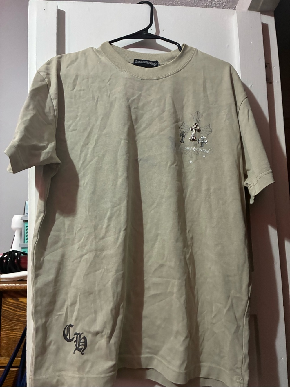 Chrome Hearts Men's Short Sleeve Tee in Beige with Black Logos